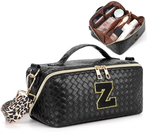 Grande Trousse de Maquillage Voyage: Personnalisé Lettre Trousse de Toilette Voyage - Portable Trousse à Maquillage Femme avec Bandoulière - Noir Z