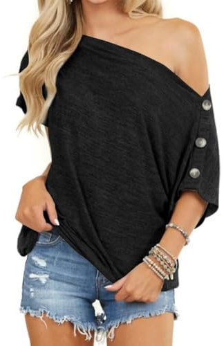 Dressmine Off The Shoulder Tops for Women Casual Batwing Short Sleeve Button Down T Shirts Black X-Large