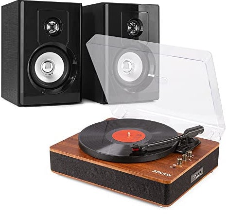 VONYX Fenton RP162D Walnut Bluetooth Record Player Kit SHF404B Active Bookshelf Speakers, Wireless Turntable System & Vinyl to MP3 Digital Conversion, 3-Speed Belt-Drive Turntable