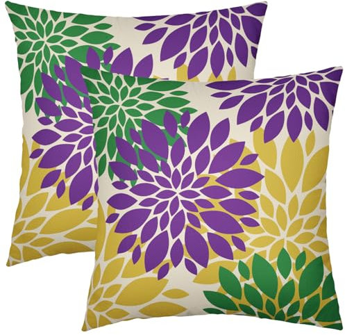 Lila Grün Gelb Kissenbezüge 50,8 x 50,8 cm Set mit 2 Mardi Gras Dahlie Blume Outdoor Dekorative Wurfkissen Bauernhaus Kissenbezüge Leinen Kissenbezug Dekor für Zuhause Sofa Couch Bett