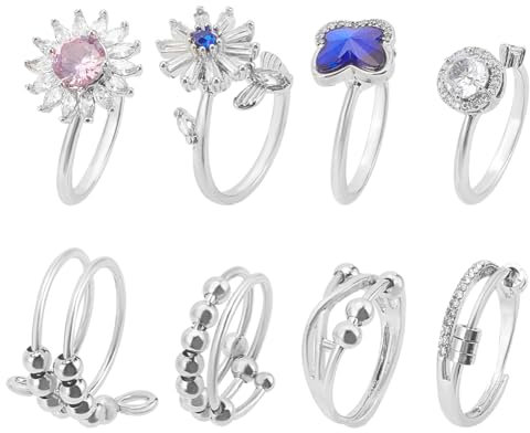 ANATTASOUL Blumenringe Aus Messing Mit Strasssteinen Für Damen, Verstellbare Offene Ringe Zur Linderung von Angst Und Stress, Offene Drehringe In Mehreren Formen Für Damen