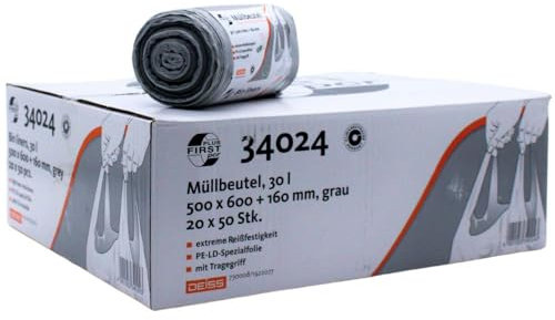 DEISS First Plus Pcr Müllbeutel 30 Liter, 34024 mit Tragegriff - Karton | Rolle (50 Stück)