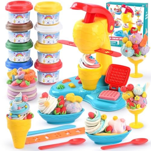 PLAY Plastilina Bambini - Macchina Gelato Formine per Plastilina per Bambini 3+ Anni, Accessori Macchina del Gelato Bambini con 8 Vasetti Plastilina, Giochi Bambina Giocattolo per Bambini