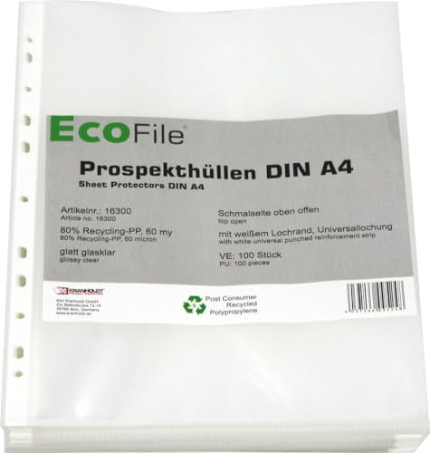 Prospekthülle A4 / 100 Stück/nachhaltig aus Post-Consumer-Recycling PP 60 my glatt glasklar, mit Abheftrand, Schmalseite oben offen – (60my)