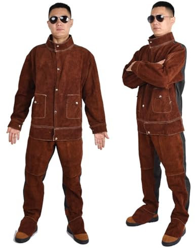 NALSA Ropa de trabajo de soldadura, chaqueta de seguridad, pantalones de soldador de tela vaquera de cuero resistente, monos de cuero de gamuza ignífugo resistentes al calor,Brown-XXLarge