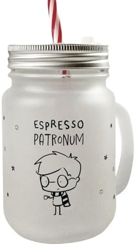 speecheese Zauberer mit Espresso Mason Jar Henkel Trinkglas mit Deckel mit Spruch Espresso Patronum ein lustiges Glas für dein Lieblingsgetränk Patronum Teenager Kaffee Motiv Magie