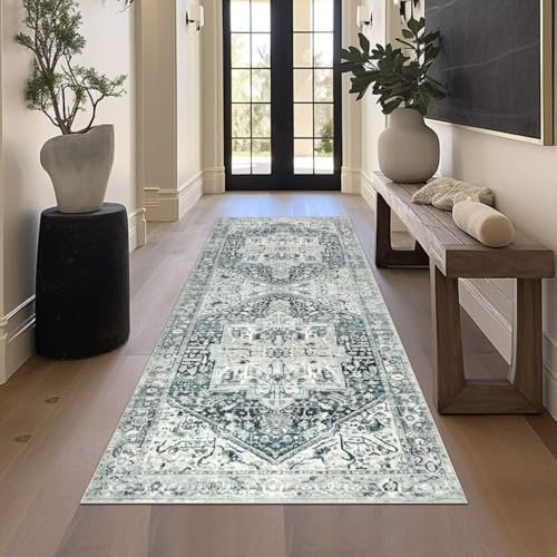 Homcomodar Vintage Läufer Flur 80x200cm Boho Läufer Teppich Flur rutschfest Waschbar Küchenteppich für Schlafzimmer Küche Korridor Türweg Waschraum(Blau/Grau)