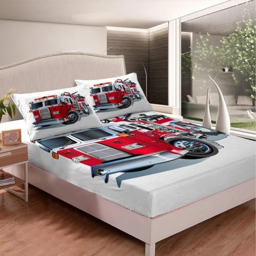 Spannbettlaken 160x200cm Feuerwehrauto Spannbetttuch Auto Bettlaken Boxspringbett mit Gummizug Spannbettuch Mikrofaser für Matratzen von 30 cm Mit 2 Kissenbezüge 80x80 cm