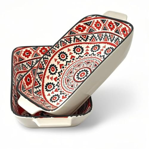 Au Gratin Baking Dish, Single Serving Dish Set of 2 with Handle, Ceramic Casserole Dish for Oven, Vintage Bohemian Bakeware for Fruit, Salads, Desserts, 8.8 Inch, Small Individual (Rectangular)
