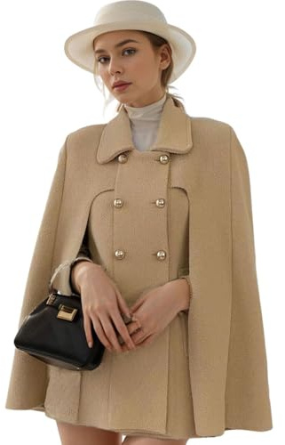 CHARTOU Eleganter Poncho für Damen, zweireihig, geschlitzte Ärmel, fließende Wollmischung, Umhang Mantel