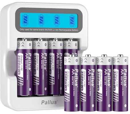 Rechargeable AA Lithium Battery, High Capacity 3500mWh, with 4-Slot Charger, 1500+ Cycles, 2-Hour Fast Charge, Low Self-Discharge, for Radio, Wireless Mouse, Camera (8 Pack)