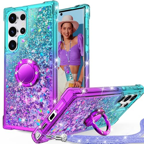 Unlicaku für Samsung Galaxy S23 Ultra Hülle mit Band, Handyhülle Ring Ständer Frauen Mädchen Bling Luxus Sparkle Glitter Flüssigkeit Schutzhülle für Samsung S23 Ultra Case, Lila