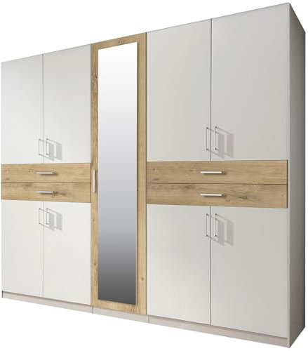Lomadox Kleiderschrank mit Spiegel, 225 cm breit Garderobenschrank Wardrobe Schlafzimmerschrank Schrank modern in weiß mit Eiche
