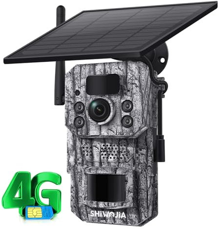 SHIWOJIA Cámara de Caza 4G Solar Dual PIR, 3MP Cámara de Caza Infrarroja con Tarjeta SIM, Starlight Vision Nocturne, Detector de movimiento, IP66 impermeable