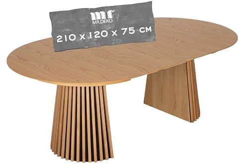 MR. DEKO® Dining Ausziehtisch Oria Natur Oak oval 210x120x75 cm | Design Esstisch in Lamellenoptik | helle Eiche | ovaler Esstisch für 6 Personen | Küchentisch | Holztisch in Braun