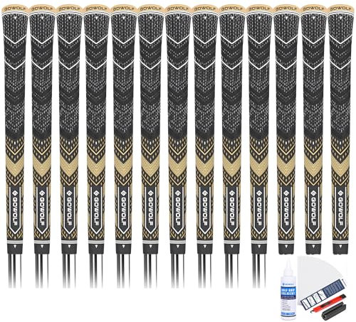 Gowolf Golf Grips Cord Rubber Multi-compound Golf Driver Irons Club 13pcs Golf Grips Colored Top Cover SL02 Pro with Full Kit (Black/Gold,Midsize)