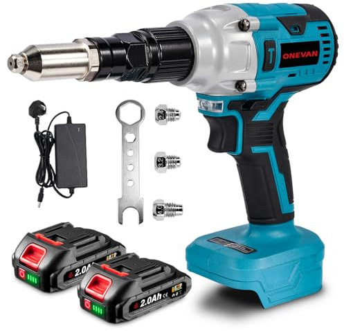 Battery Riveting Pliers Cordless Gun - 20,000 N Cordless Pop Rivet Stroke Length 16 mm, with 2 2000mAh Batteries of for 2.4-4.0 mm Blind Rivets