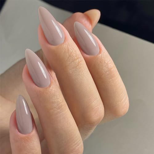 Khaki Grey Press on Nails Medium Stiletto Almond, Pure Nude False Nails Set Reusable Fake Nails with Feature Protective UV Coating for Women Nail Art Manicure in 24PCS
