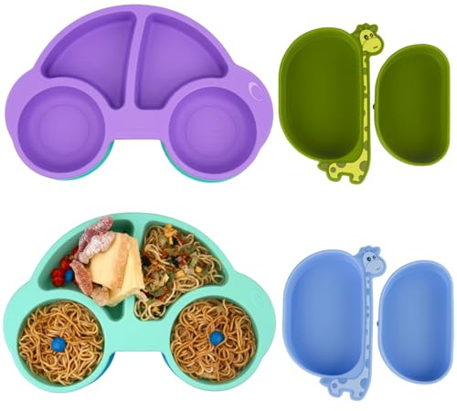 Qshare Baby Suction Plates,4 Pack Silicone Baby Suction Plates for Toddler Kids Self Feeding,Stay Put Divided Feeding Weaning Plates for High Chair Tray (Style 3)