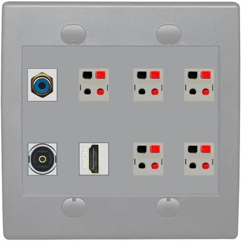 2 Gang Spring Clip Style 5.1 Speaker Wall Plate With 1 Port HDMI TOSLINK RCA Connectors - Flat 2 Gang [Gray/Gray]