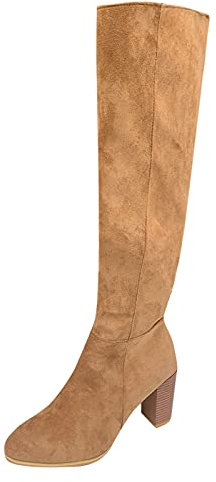 Stivali sopra il ginocchio, da donna, con gambo largo, con tacco alto, in pelle scamosciata, con tacco a blocco, stivali alti da donna, cachi, 41 EU
