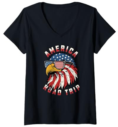 Damen USA Roadtrip Amerika Adler Flagge T-Shirt mit V-Ausschnitt