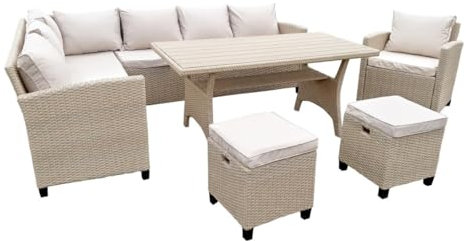 Green Spirit Garten Sitzgruppe Alpina - Beige, Polyrattan, für 9 Personen, Wetterfest, Gartenmöbel-Set mit 2X 3-Sitzer Sofa, Tisch, Sessel und Hocker - ESS-Gruppe, Dining-Lounge, Rattan-Garnitur