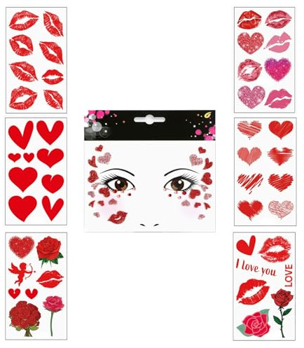 LIANRISES Herz Tattoo Gesicht Sticker, Gesichtsaufkleber Karneval, Kussmund Tattoo Temporäre, Entfernbare, Halloween, Valentinstag