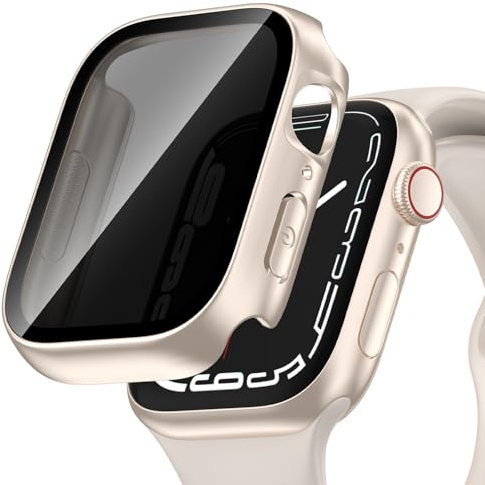 Kawoco Hülle für Apple Watch Series 9/8/7 41mm Schutzhülle Anti Spy, Hard PC Wasserdichtes Schutzhülle Privatsphäre Hartglas Displayschutz für iWatch 41mm Sternenlicht