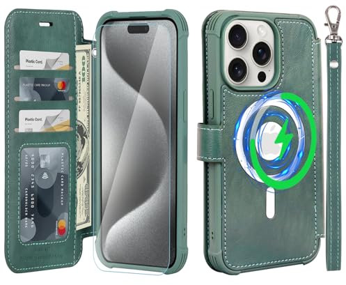 VANAVAGY Compatible for iPhone 15 Pro Wallet Case for Magsafe Wireless Charging,Leather Flip Wrist [Glass Screen Protectors and Camera Lens Protectors]with RFID Blocking Card Holder,Forest green