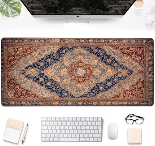 Desk Pad, Vintage Retro Boho Persian Rug Large Gaming Mouse Pad,Desk Mat for Keyboard and Mouse with Stitched Edges and Non-Slip Rubber Base for Work Game Office Home 31.5x11.8in