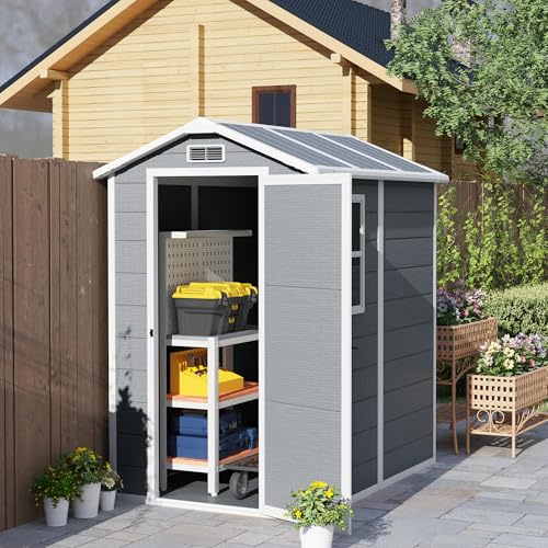 DecHome - Casetta da Giardino in Resina con Pavimento, Porta con Blocco e Finestra 1.3 x 1.8 m colore Grigio