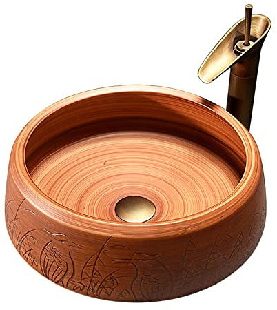 asdchZen Fregadero Redondo De Cerámica con Textura De Madera, sobre Encimera, con Grifo Y Desagüe Emergente, A, B