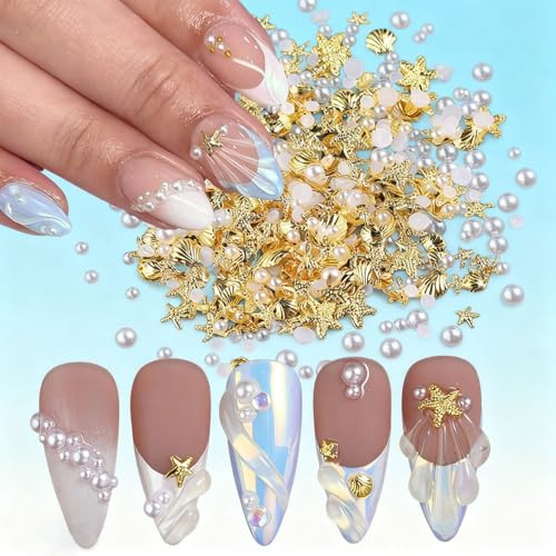 Xanthelle Nail Charms, charms de uñas con perlas, estrellas de mar doradas y conchas, 200 piezas de decoración para uñas de verano, piedras y cristales para uñas