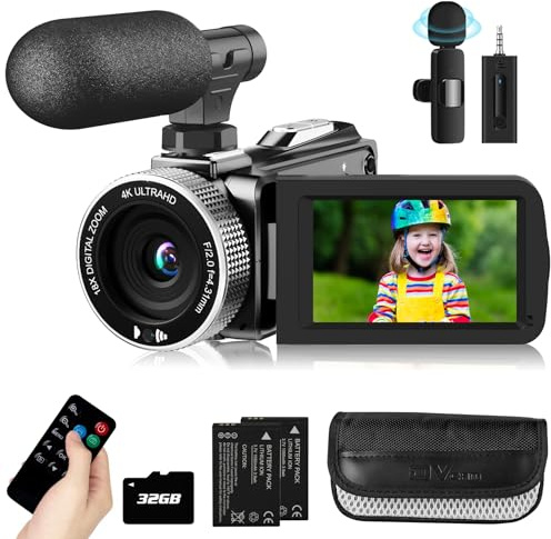 Rawiemy Videokamera Camcorder 4K 48MP 30FPS Vlogging-Kamera für YouTube mit kabellosem Lavalier-Mikrofon & externem Mikrofon Videokameras zum Filmen mit 32GB SD-Karte und 2 Batterien