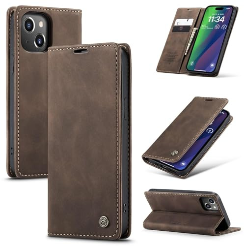 Ottcooed Cover per iPhone 15 Custodia, Cover Pellicola a Libro Portafoglio in Pelle Porta Carte Protettiva Slot per Scheda Flip Case con iPhone 15, Caffè