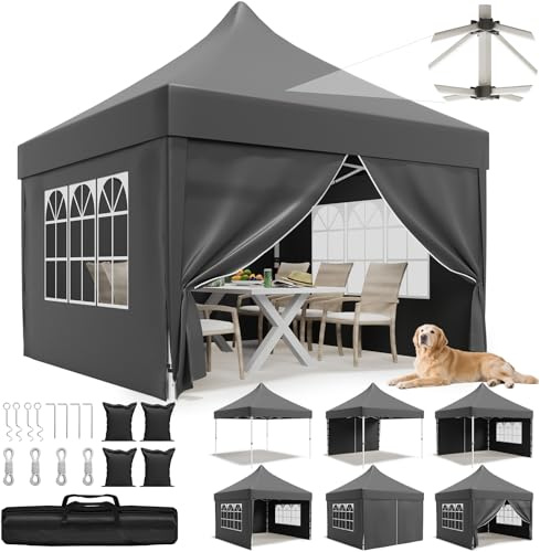 JUMMICO Faltpavillon 3x3 mit Hoher Spitze, um 60% Verbesserte Regenschutzleistung. UV 50+, Pavillon 3x3 Wasserdicht Stabil Winterfest, Shelter mit seitenwänden, für Garten und Camping, Grau