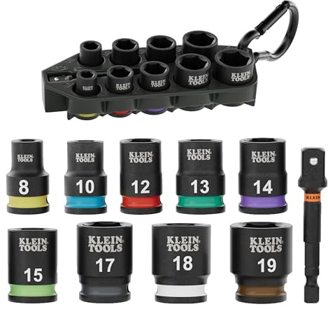 Klein Tools 33809M Grab-And-Go Impact Socket Set, Metric, 10-Piece Set with Sleeve, Carabiner, 3/8-Inch Drive, Color-Coded 8 mm, 10 mm, 12 mm, 13 mm, 14 mm, 15 mm, 17 mm, 18 mm, 19 mm Sockets