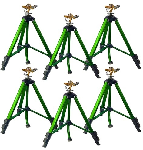 LIULO TOOL Aspersor de impacto en base de trípode, paquete de 6 aspersores de trípode con cabeza de latón, riego de área grande de 360 grados con patas de extensión, cerraduras abatibles, conector