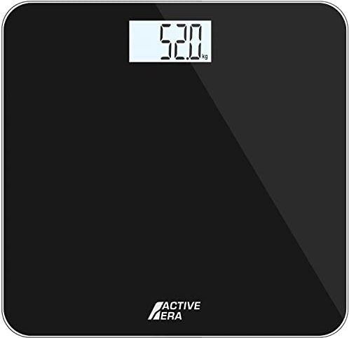 ACTIVE ERA Ultraschlanke Digitale Personenwaage mit präziser Messgenauigkeit und Step-On Technologie - Waage aus Sicherheitsglas und mit großer LCD Anzeige - Schwarz