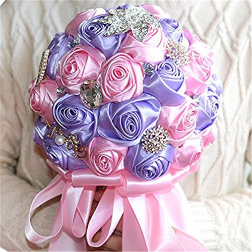 Fouriding Handgemachte Brosche Brautstrauß Braut Satin Rosen Blumen Diamant Perlen Blumensträusse Hochzeit Strauß Künstliche Blumenstrauß künstlicher Rosenstrauß Dekoration (Purpur Rosa)