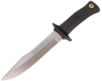 Muela Cuchillo Mirage MIRAGE-18 hoja de acero MoVa de 18 cm y empuñadura de goma negra para Caza, Pesca, Supervivencia y Bushcraft Realizado en Ciudad Real + Portabotellas de regalo