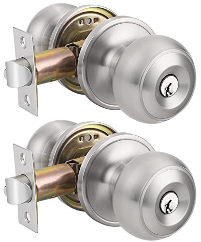 Probrico Brushed Nickel 2 Pack Entry Door Knobs with Key, Exterior Door Knobs, Keyed Alike Door Lock