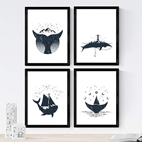 Set von 4 Blättern von Walen, im A4-Format, Poster Papier 250 gr hohe Qualität. Frameless