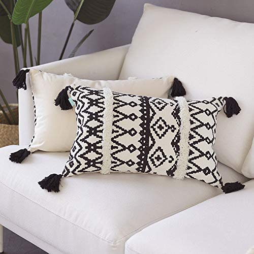 MOCOFO Dekorative Kissenhülle 30x50 cm, Weißer Boho-Stil mit Schwarzen Linien und Quasten, Lendenstützkissen für Sofa, Auto, Büro, Modern und Bohemian Wohnkultur