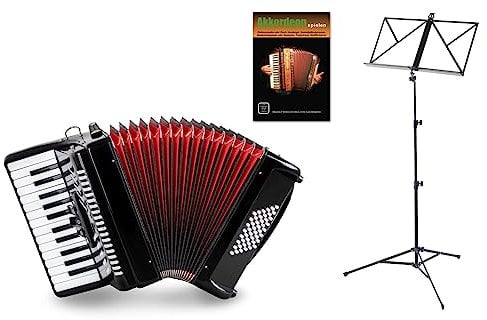 Classic Cantabile 48-Bass Akkordeon 'Secondo V' Set (inkl. Tasche, Riemen, Notenständer & Akkordeon Schule) Schwarz Hochglanz
