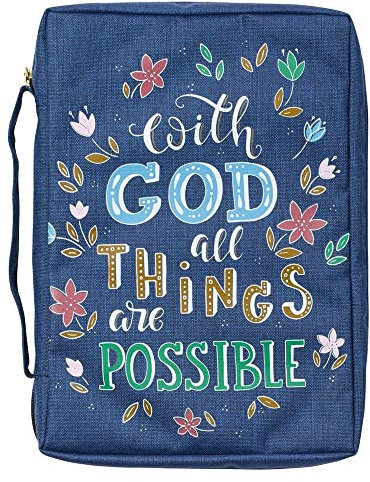 Christian Art Gifts Bibelhülle für Herren/Damen mit Gott All Things are Possible Matthäus 19:26, blaue Blumenleinwand, Größe M