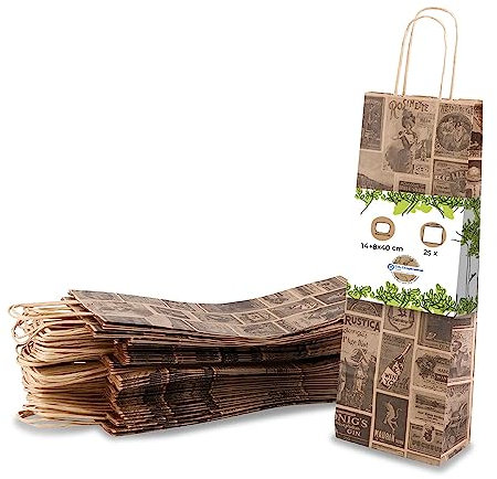 BIOZOYG Flaschentasche Geschenktüten 25 Stück 14 + 8 x 40 cm Vintage - Papiertüten Weintasche kompostierbar nachhaltig - Flaschentüte Geschenkverpackung Wein Likör Rum