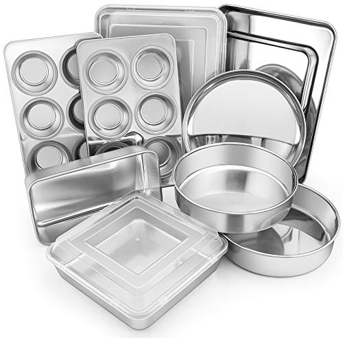 E-far 12-Piece Stainless Steel Bakeware Set, Round & Square/Rectangle Baking Pans with Lids, Cookie Sheet, Loaf/Muffin/Pizza Pan, Non-toxic & Dishwasher Safe
