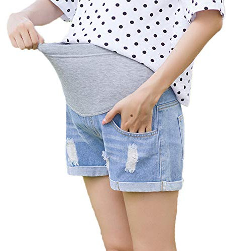 kewing Maternité Déchiré Short en Jean - Femmes Enceintes Ajustable Soin élastique Ventre Lounge Jeans Shorts Pantalon
